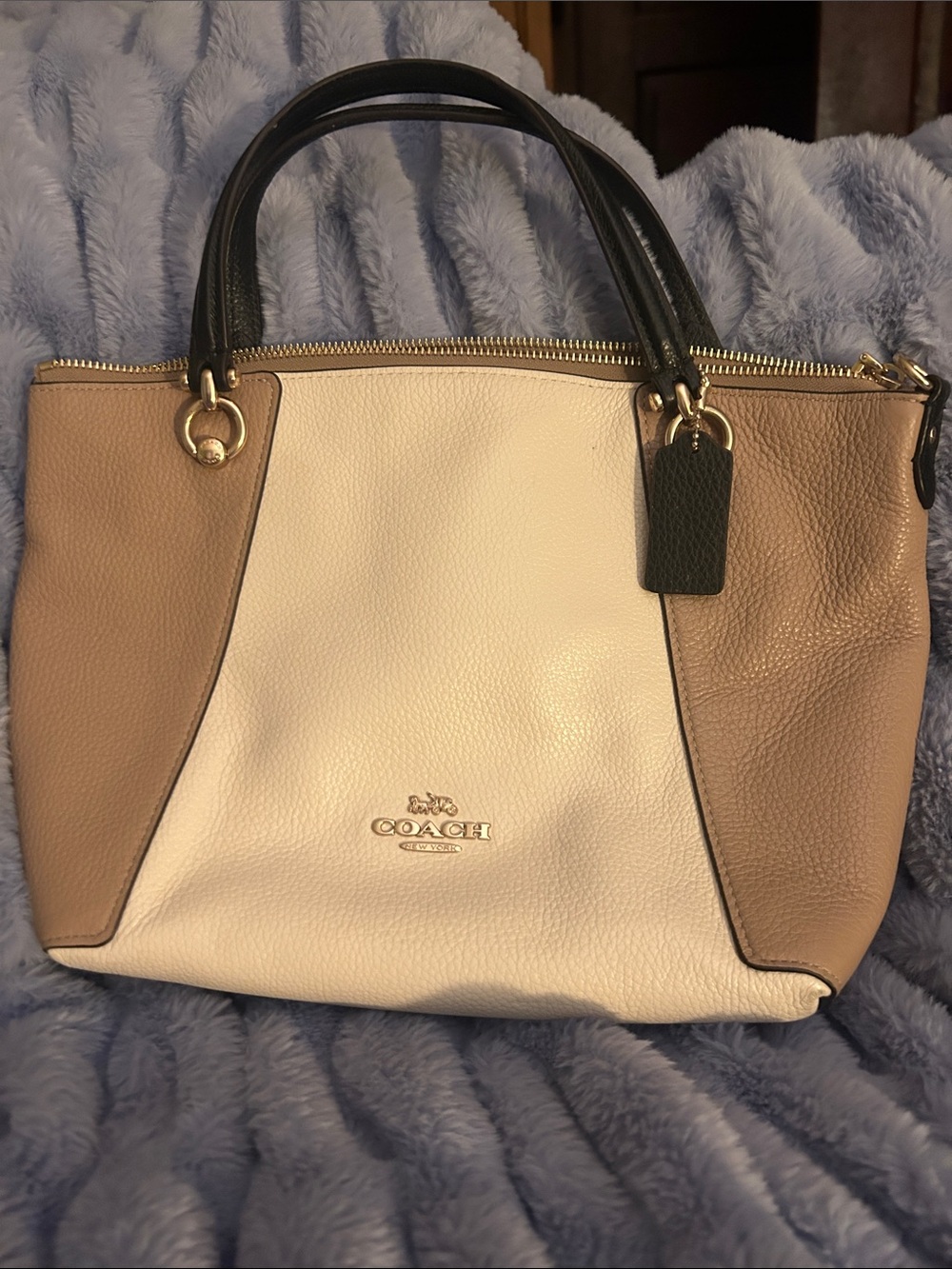 Coach Pebble Leather Colorblock Satchel in Black, Cream & Brown